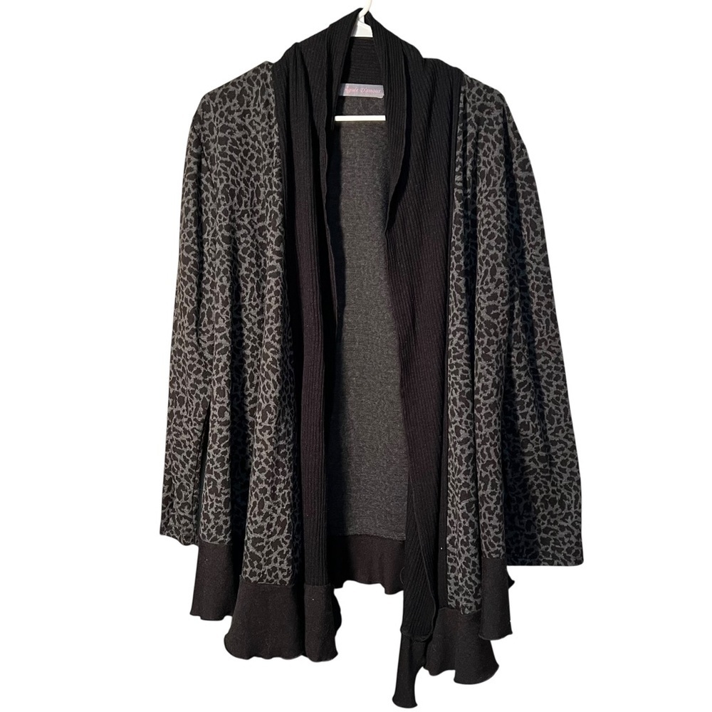 Poignee D'Amour Women's Open Front Waterfall Cardigan Sweater Gray Black Animal